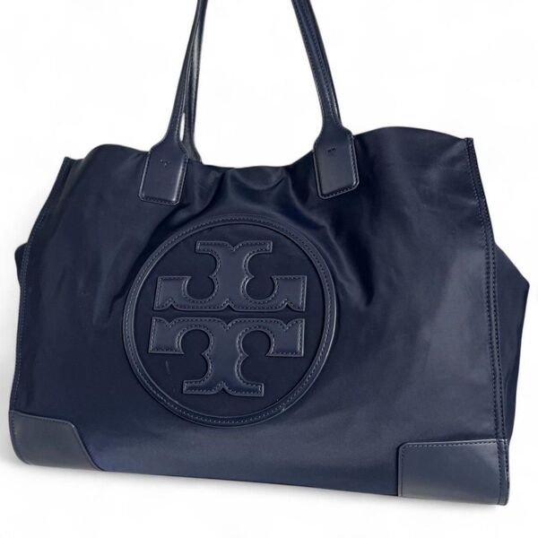 美品 TORY BURCH トリーバーチ トートバッグ エラ ネイビー ナイロン レザー 大容量