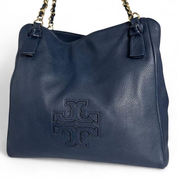 美品 Tory Burch トリーバーチ トートバッグ レザー ショルダーバッグ ネイビー レザー チェーン 大容量