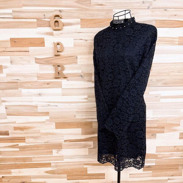 【ザラ】花柄 総レース スタッズ ネック ミニ ドレス ワンピース L 黒×銀【HFby6PR】レディース・洋服・春夏・秋冬【1CAF】