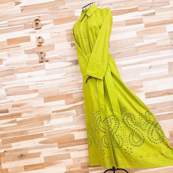 希少【ザラ】花柄 刺繍 カットワーク ロング シャツ ワンピース XS 黄緑【HFby6PR】レディース・洋服・春夏【6EL2】