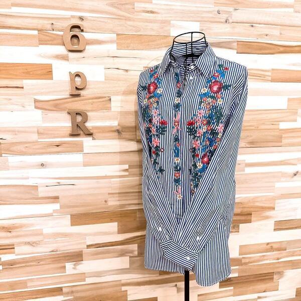 春夏【ザラ】ストライプ 花柄 刺繍 ロング長袖シャツ S 青ブルー×白×カラフル【HFby6PR】レディース・洋服・春夏・秋冬【J3J9E4W】