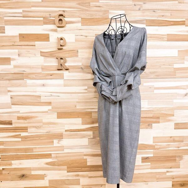 【ザラ】ボリューム スリーブ ワンピース グレンチェック 総柄 L グレー×黒【HFby6PR】レディース・洋服・春夏・秋冬【G9K3X4F】