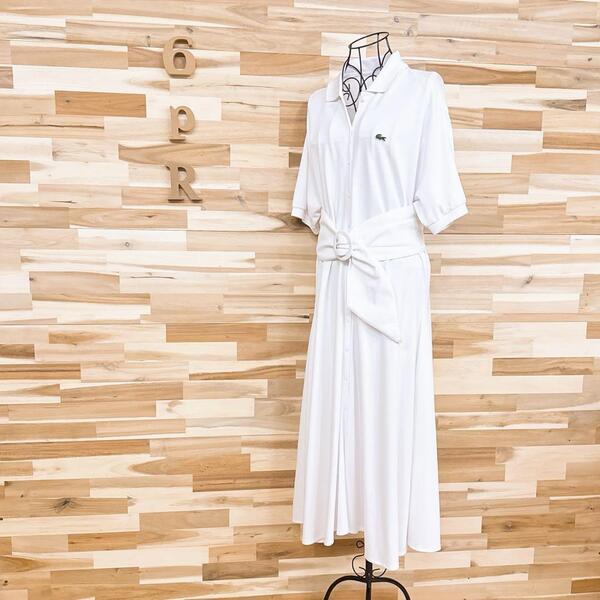 【ラコステ】オーバーサイズ ポロシャツ ロング ワンピース 鹿の子 L相当 白【HFby6PR】レディース・洋服・春夏【E9N3W9T】