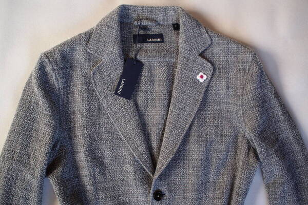新品タグ付 イタリア製 LARDINI 秋冬 アルパカ混 ブークレ調 グレー系 メランジ 2B ニットジャケット Sサイズ(M相当) ブートニエール付
