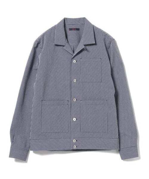 新品タグ付 THE GIGI BELL 春夏 コットン シアサッカー調 ネイビー系 ストライプ柄 ワークジャケット M(M~L) シャツジャケット 元BOGLIOLI