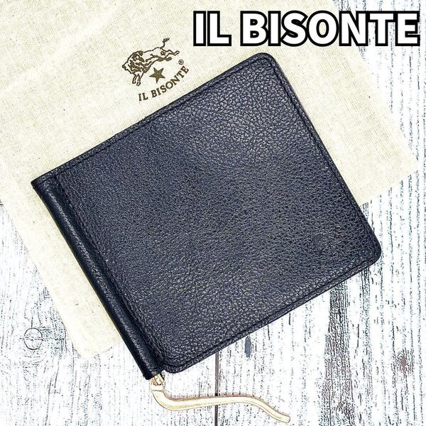 IL BISONTE イルビゾンテ マネークリップ ロゴ型押し スリム設計 本革 イタリアンレザー 薄型 札入れ ミニ財布 メンズ 黒