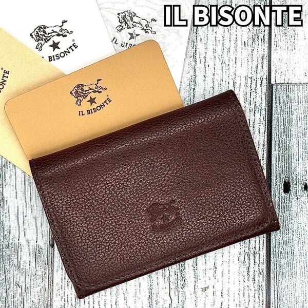 IL BISONTE イルビゾンテ 二つ折りカードケース 定期入れ 名刺入れ 本革 イタリアンレザー ロゴ型押し メンズ 濃茶 ダークブラウン