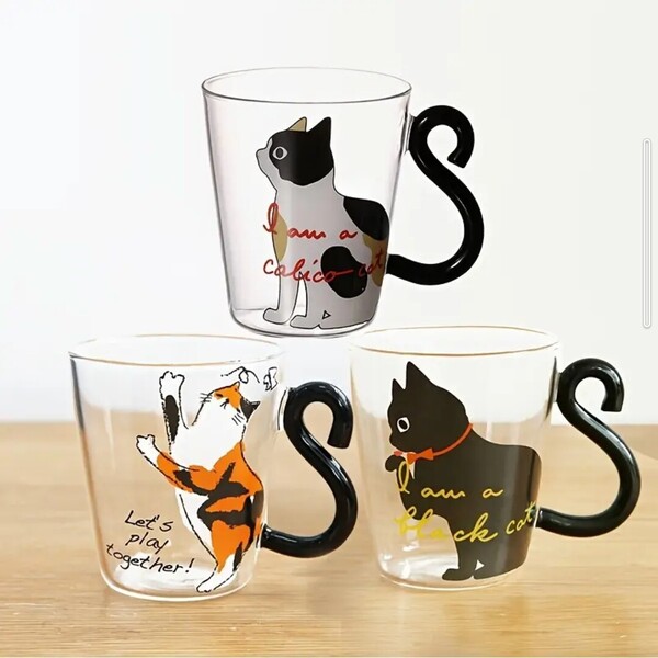3点セット 可愛い猫柄グラスカップ 取っ手付き猫コーヒーカップ 9.13オンス耐熱クリエイティブ猫テーマ飲料グラス ガラス マグカップ