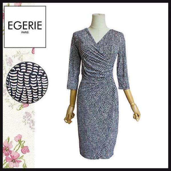 【エジェリ】ストレッチジャージワンピース 総柄 着痩せ 9 Vネック膝下 伸縮性 EGERIE PARIS フランス製生地 スタイルアップ