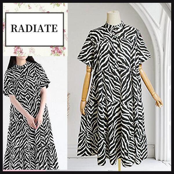 【ラディエイト】ワンピース ゼブラ柄 ティアード 黒白 手洗い ポケット RADIATE 17800円 春夏 体型カバー プリント柄 匿名発送