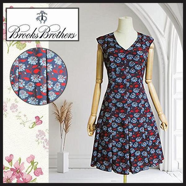 【ブルックスブラザース】ワンピース フラワープリント 花柄 ネイビー 6 膝丈 Brooks Brothers プリーツ 通勤 お食事会 リゾート