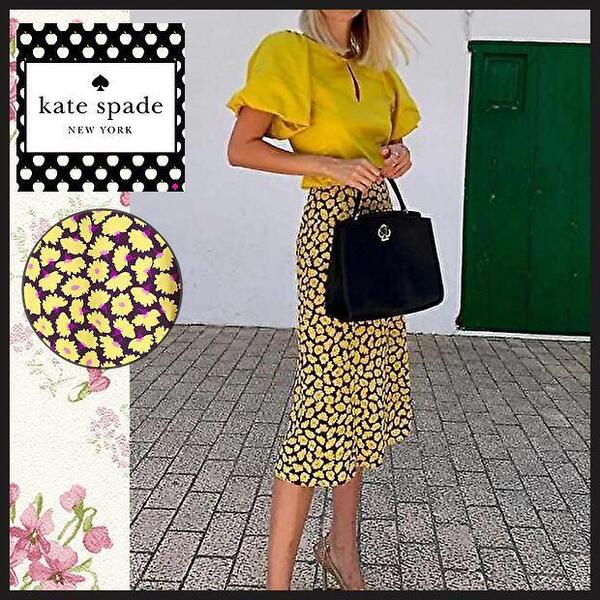 【ケイトスペードニューヨーク】スカート フラワープリント 花柄 フレア S~M kate spade NEWYORK ミディ丈 膝丈 匿名発送