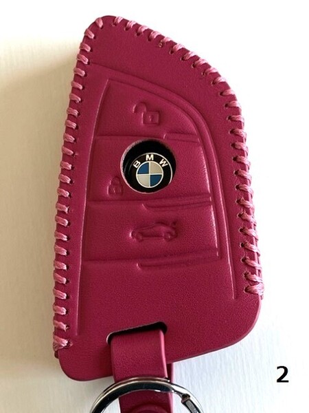 牛革ぴったりフィット BMW Xタイプ スマートキーケース ローズレッド色 2