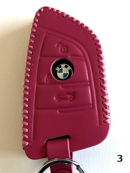 牛革ぴったりフィット BMW Xタイプ スマートキーケース ローズレッド色 3