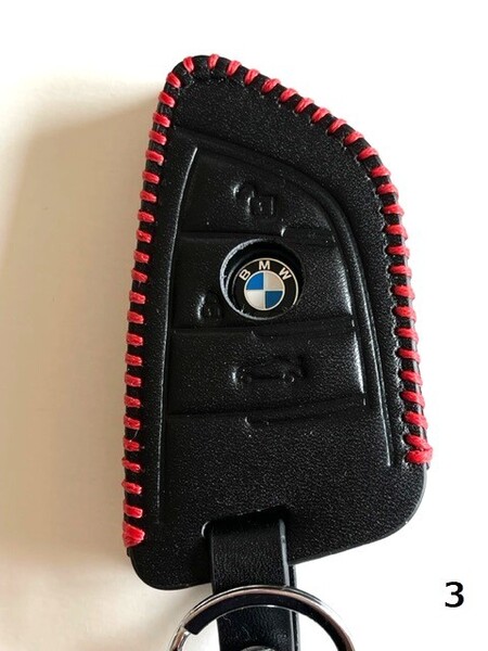牛革ぴったりフィット BMW Xタイプ スマートキーケース 黒色縫い糸赤 3