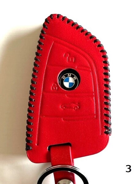 牛革ぴったりフィット BMW Xタイプ スマートキーケース 赤色縫い糸黒 3