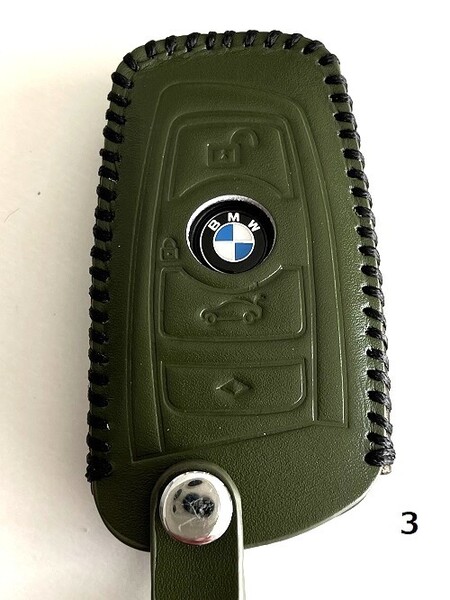 牛革 ジャストフィット BMW スマートキーケース Fシリーズ カーキ色縫糸黒3