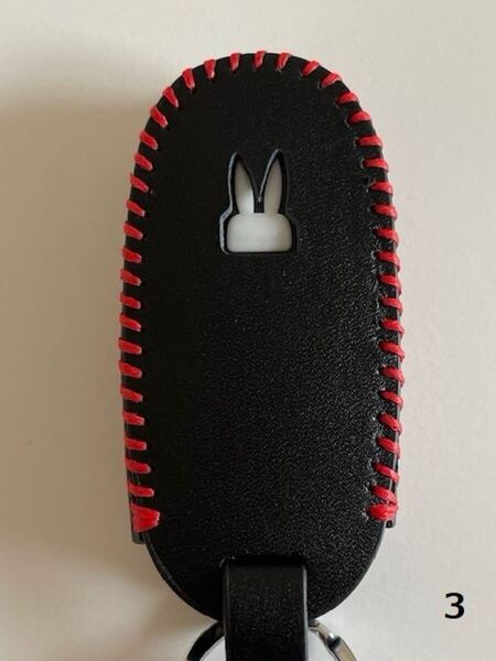 牛革ジャストフィット ラパン専用設計 スマートキーケース 黒色縫い糸赤 3