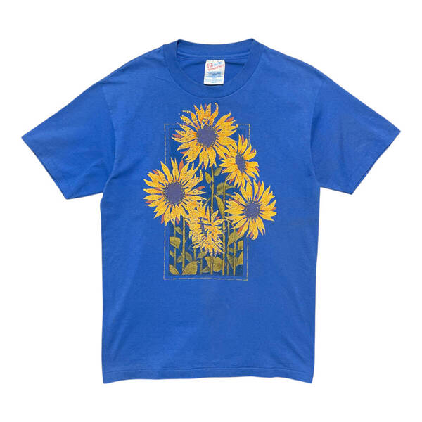 古着 USA製 90S ヒマワリ アート Tシャツ ヴィンテージ プリント シングルステッチ ブルー クルーネック 向日葵 メンズM BA3832