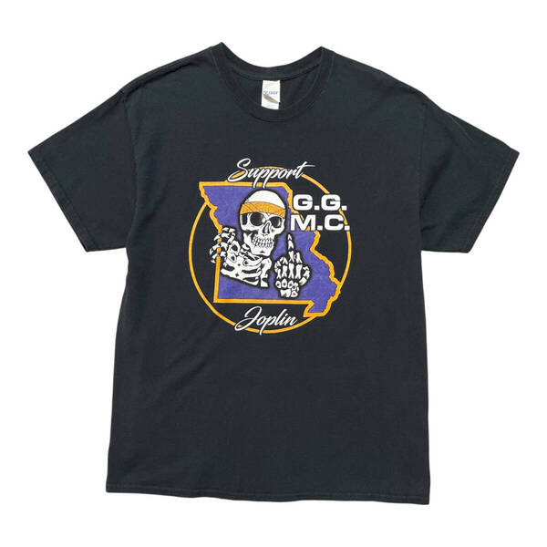 USA 古着 モーターサイクルクラブ Tシャツ ドクロ 中指 骸骨 ブラック クルーネック メンズL BA3855