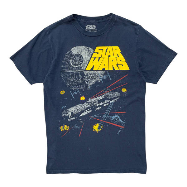 USA 古着 スターウォーズ STAR WARS Tシャツ デススター ミレニアムファルコン ネイビー メンズS クルーネック BA3876