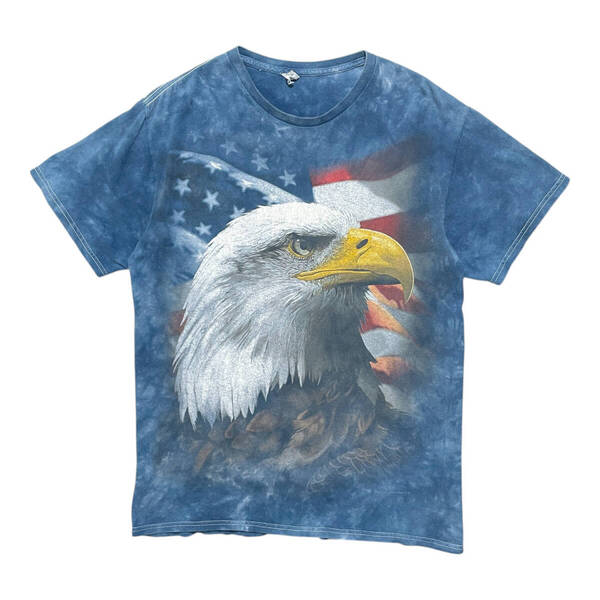 USA 古着 イーグル 星条旗 Tシャツ タイダイ プリント ネイビー メンズM クルーネック 白頭鷲 BA3878