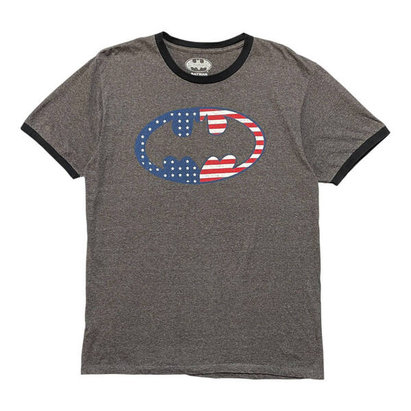 USA 古着 バットマン Batman リンガー Tシャツ トリムT ロゴ プリント 星条旗 グレー メンズL クルーネック BA3880