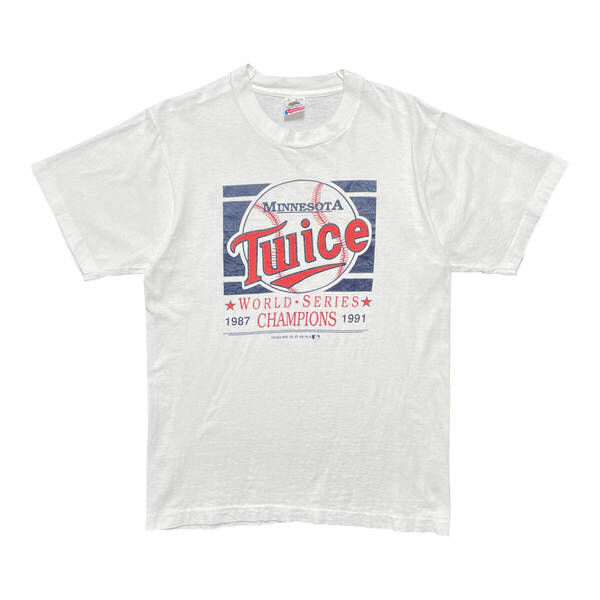 古着 90S USA製 MLB ミネソタツインズ Tシャツ プリント ホワイト シングルステッチ メジャーリーグ ワールドチャンピオン メンズM BA3884