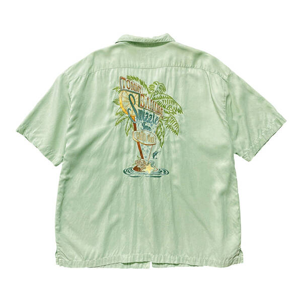 USA 古着 Tommy Bahama トミーバハマ シルク アロハシャツ キャンプシャツ カクテル 刺繍 ライトグリーン メンズXXL 大きいサイズL BF3156