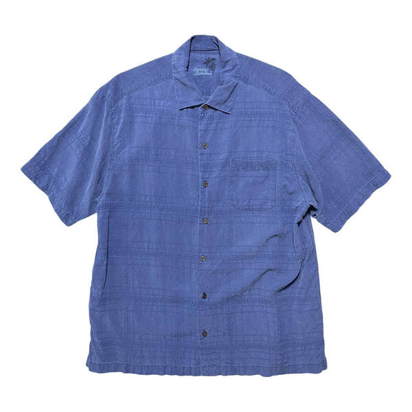 USA 古着 トミーバハマ Tommy Bahama シルク アロハシャツ キャンプシャツ ドビー織り ネイビー メンズL BF3169