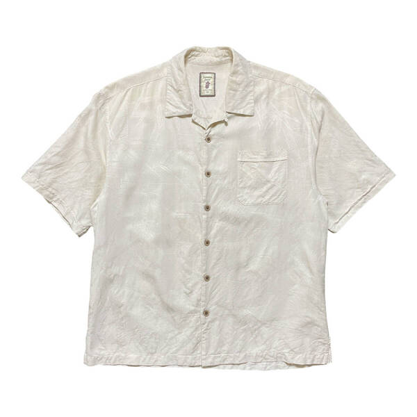 USA 古着 JAMAICA JAXX ジャマイカジャックス シルク 開襟 アロハシャツ ハワイアンシャツ ジャガード リーフ柄 メンズL 薄ベージュ BF3207