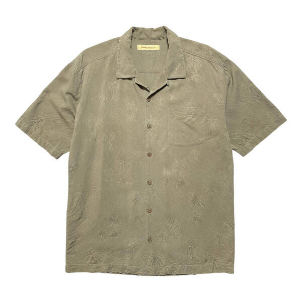 USA 古着 Tommy Bahama トミーバハマ シルク 開襟 キャンプシャツ アロハシャツ ハワイアンシャツ パームツリー メンズL オリーブ系 BF3214
