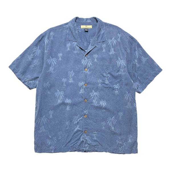 USA 古着 Tommy Bahama トミーバハマ シルク ジャガード 開襟 キャンプシャツ アロハシャツ ハワイアンシャツ メンズM ネイビー BF3216