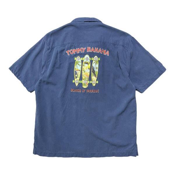 USA 古着 トミーバハマ Tommy Bahama シルク アロハシャツ キャンプシャツ 刺繍 スケボー オオハシ ネイビー メンズL BF3197