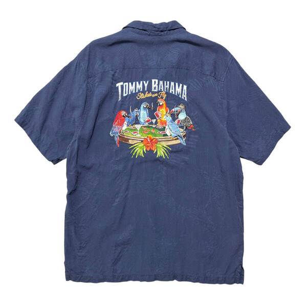 USA 古着 トミーバハマ Tommy Bahama シルク アロハシャツ キャンプシャツ 刺繍 オウム ポーカー ネイビー メンズL BF3198
