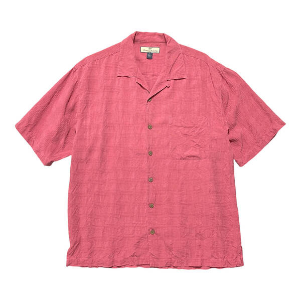 古着 Tommy Bahama トミーバハマ シルク ジャガード 開襟 キャンプシャツ アロハシャツ ハワイアンシャツ メンズM 薄レッド系 BF3176
