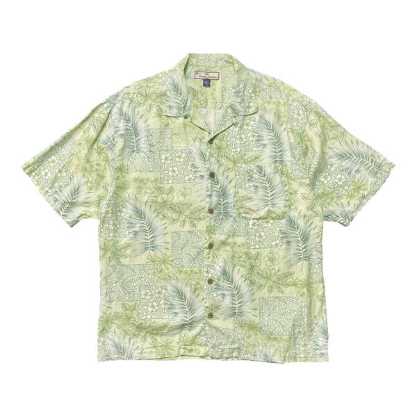 USA 古着 Tommy Bahama トミーバハマ シルク 開襟 キャンプシャツ アロハシャツ ハワイアンシャツ メンズL グリーン系 リーフ柄 BF3228
