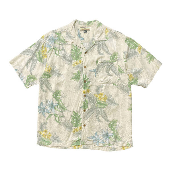 USA 古着 Tommy Bahama トミーバハマ シルク 開襟 キャンプシャツ アロハシャツ ハワイアンシャツ メンズL ベージュ系 リーフ柄 BF3229