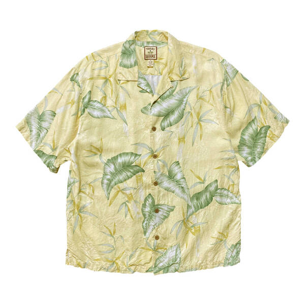 USA 古着 Tommy Bahama トミーバハマ シルク 開襟 キャンプシャツ アロハシャツ ハワイアンシャツ メンズM 薄イエロー系 リーフ柄 BF3232