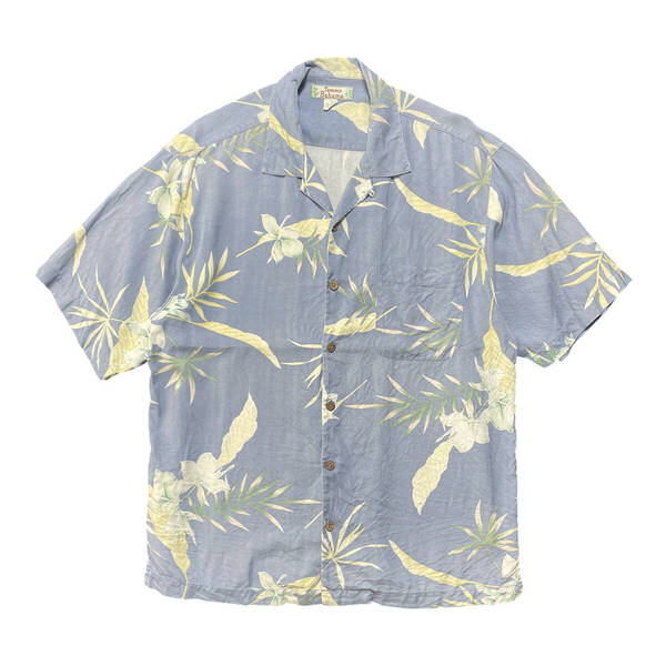 USA 古着 Tommy Bahama トミーバハマ シルク 開襟 キャンプシャツ アロハシャツ ハワイアンシャツ メンズM リーフ柄 ブルーグレー系 BF3234