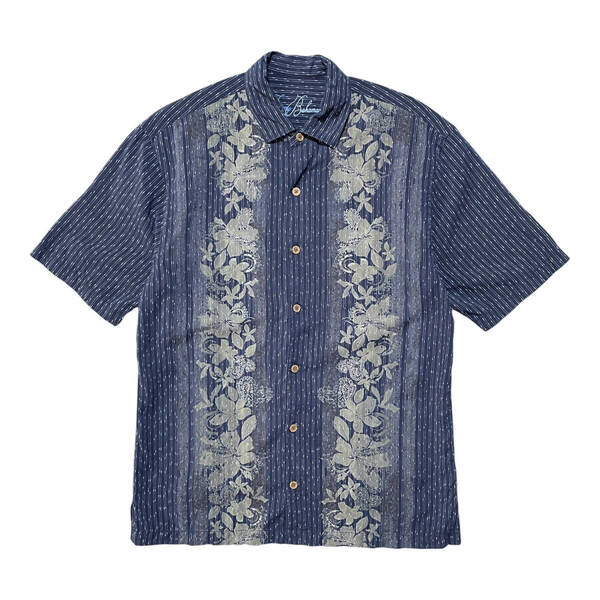 USA 古着 Tommy Bahama トミーバハマ リオセル/コットン アロハシャツ ハワイアンシャツ メンズM ネイビー ハイビスカス BF3238