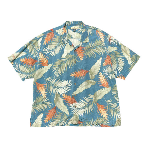 USA 古着 Tommy Bahama トミーバハマ シルク 開襟 キャンプシャツ アロハシャツ ハワイアンシャツ メンズXXL 刺繍ロゴ リーフ柄 BF3239