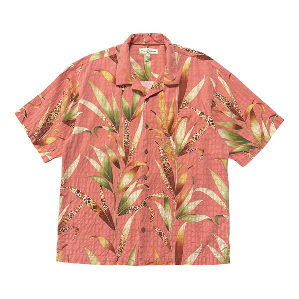 USA 古着 Tommy Bahama トミーバハマ シルク 開襟 キャンプシャツ アロハシャツ ハワイアンシャツ メンズL リーフ柄 ヴィンテージ BF3240