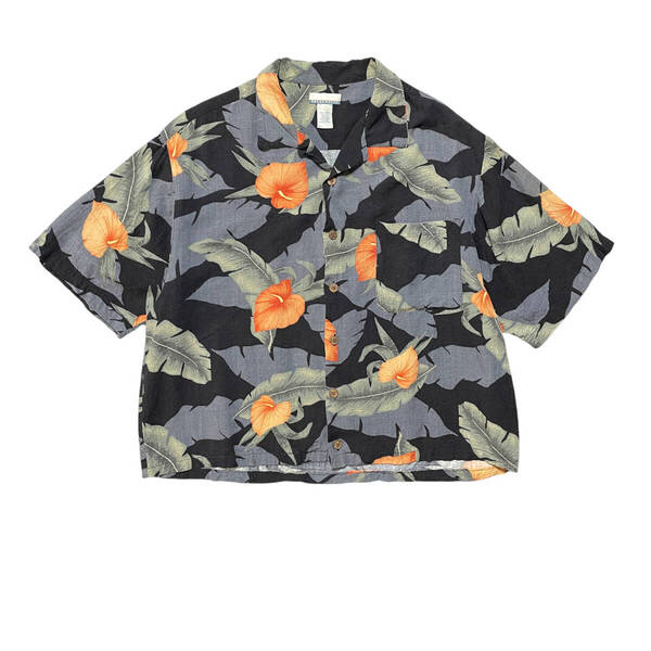 古着 BREAKWATER ブレークウォーター レーヨン 開襟 アロハシャツ ハワイアンシャツ クロップド着丈 ショート着丈 メンズL リーフ柄 BF3248