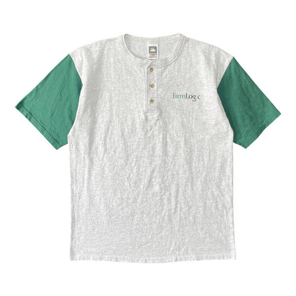古着 90S コットンデラックス 企業系 Tシャツ ヴィンテージ ロゴ プリント ヘンリーネック メンズL グレー グリーン BA3907