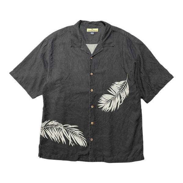USA 古着 Tommy Bahama トミーバハマ アロハシャツ キャンプシャツ ハワイアンシャツ シルク 開襟 ブラック リーフ柄 メンズL BF3250