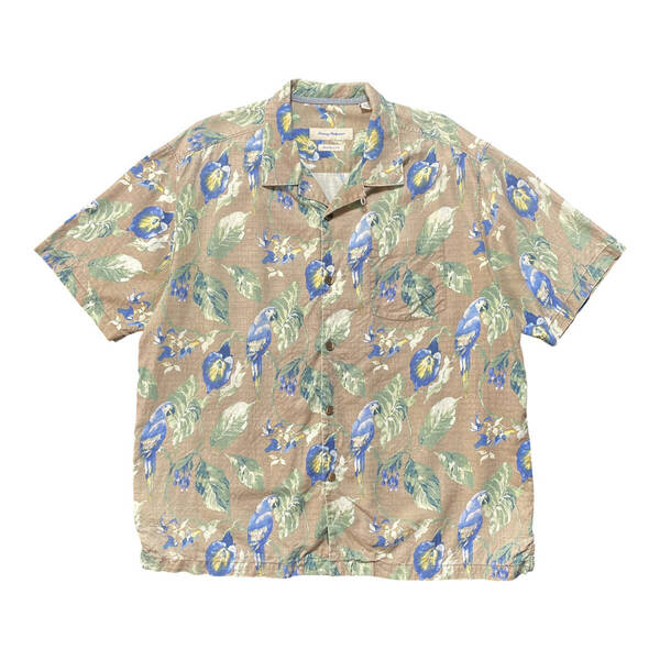 USA 古着 Tommy Bahama トミーバハマ シルク アロハシャツ キャンプシャツ 開襟 インコ ハイビスカス ベージュ メンズXL BF3261