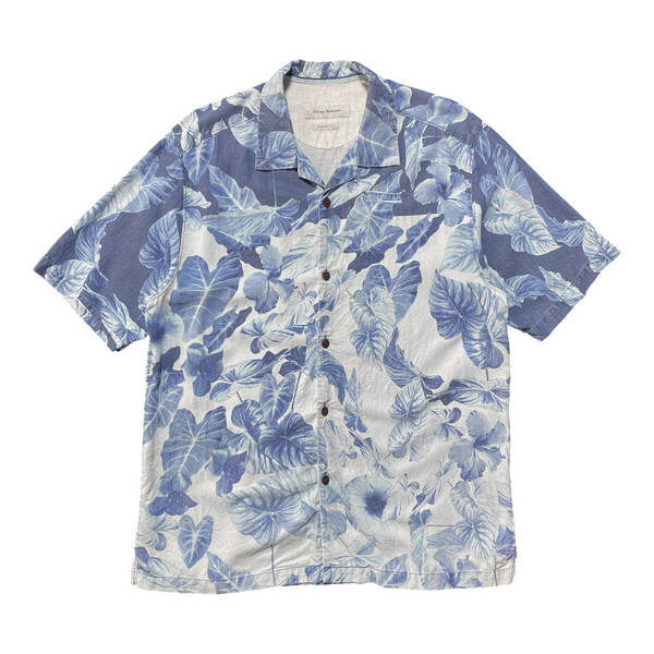 USA 古着 Tommy Bahama トミーバハマ シルク アロハシャツ キャンプシャツ 開襟 企業系 刺繍 ハイビスカス ブルー メンズL BF3262