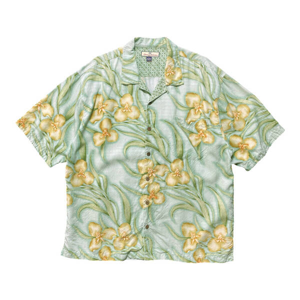USA 古着 Tommy Bahama トミーバハマ シルク アロハシャツ キャンプシャツ 開襟 ハイビスカス 小紋柄 ライトグリーン メンズXL BF3264