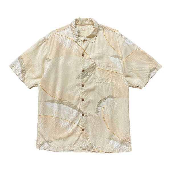 USA 古着 Tommy Bahama トミーバハマ シルク アロハシャツ ハワイアンシャツ リーフ柄 松模様 和柄 ベージュ メンズL BF3273